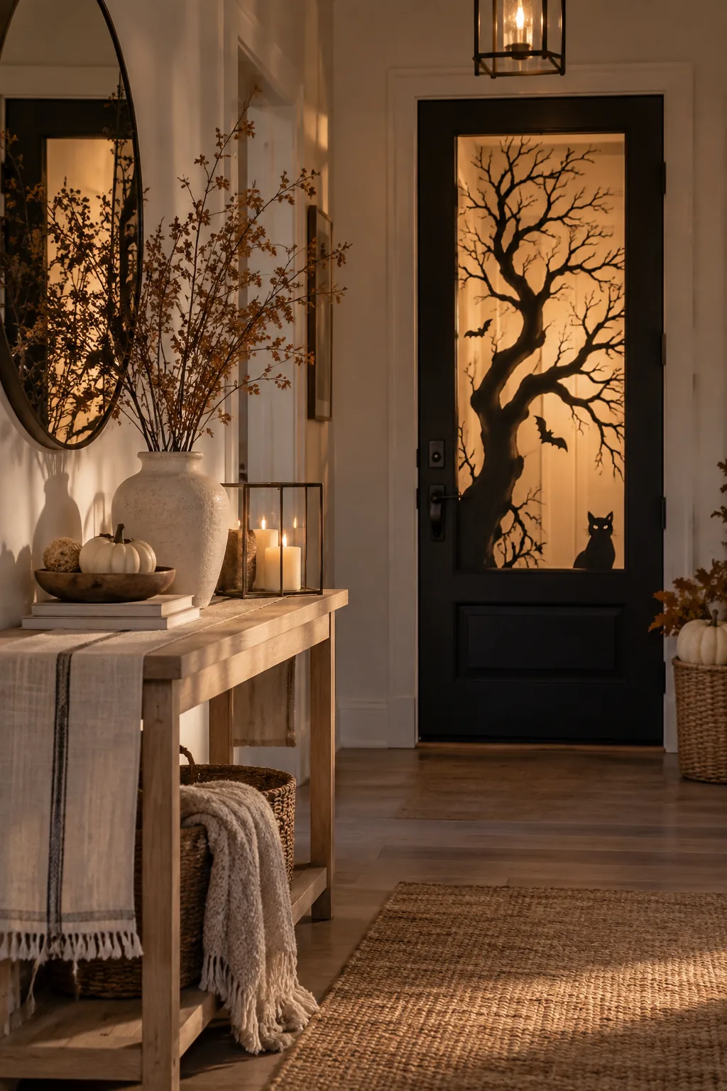 Front door with glass panels showing a black vinyl silhouette of a twisted tree glowing from indoor lights