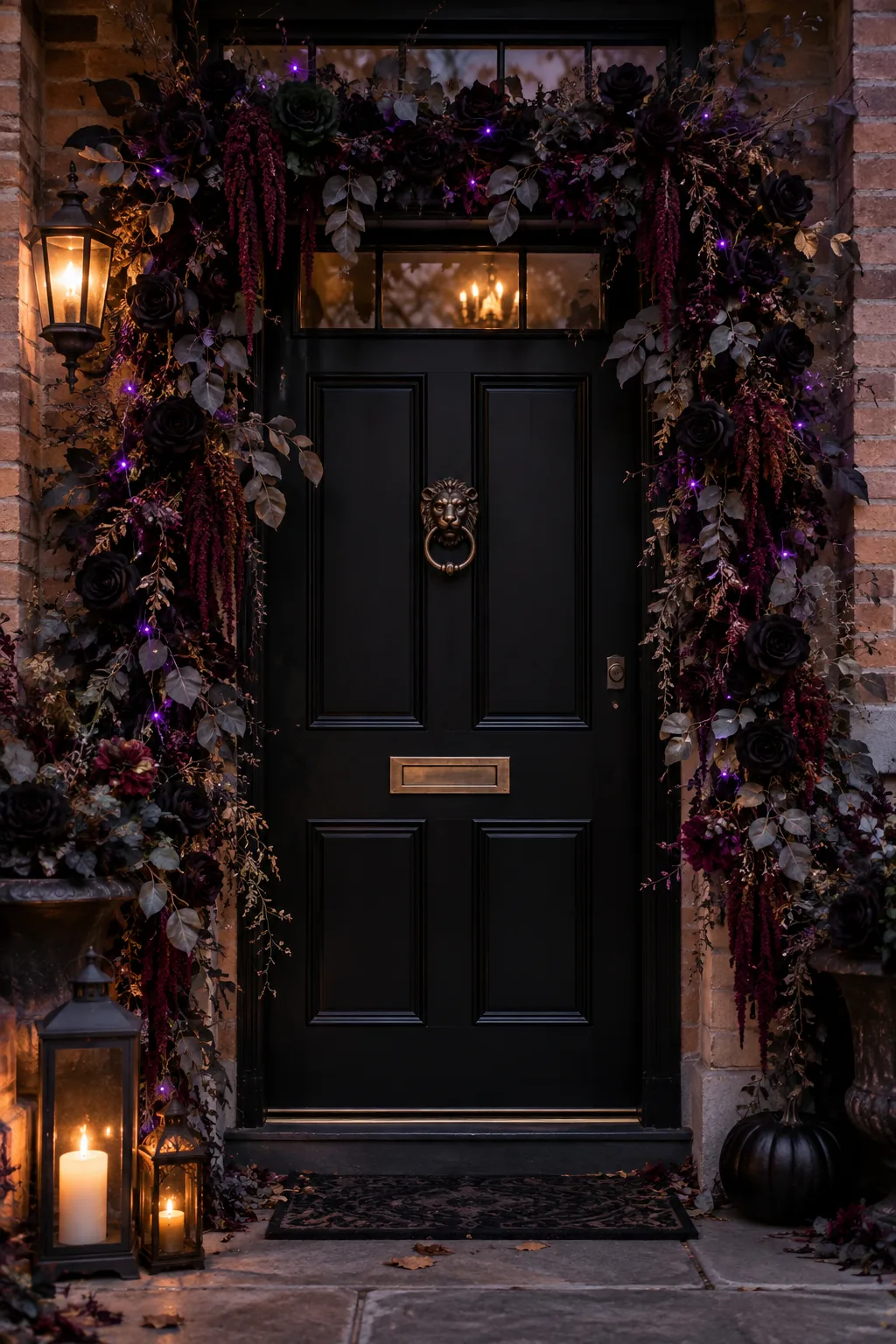 Front door framed by a dark garland made of black roses, dried eucalyptus, and purple lights
