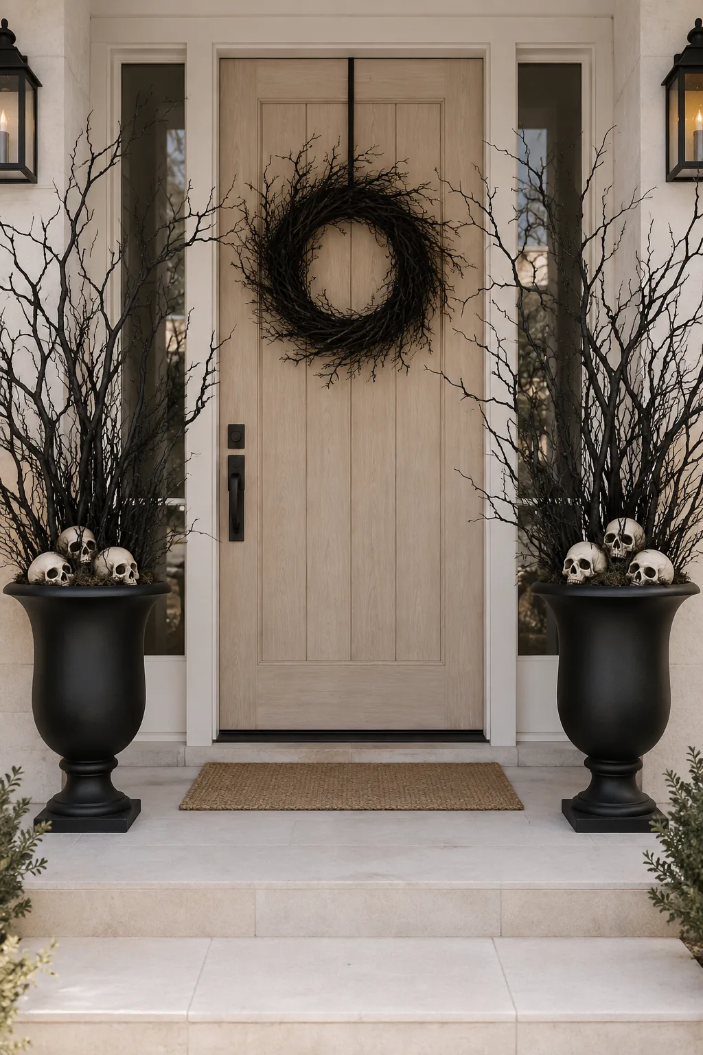 Two tall black urns flanking a front door, filled with black branches and plastic skulls