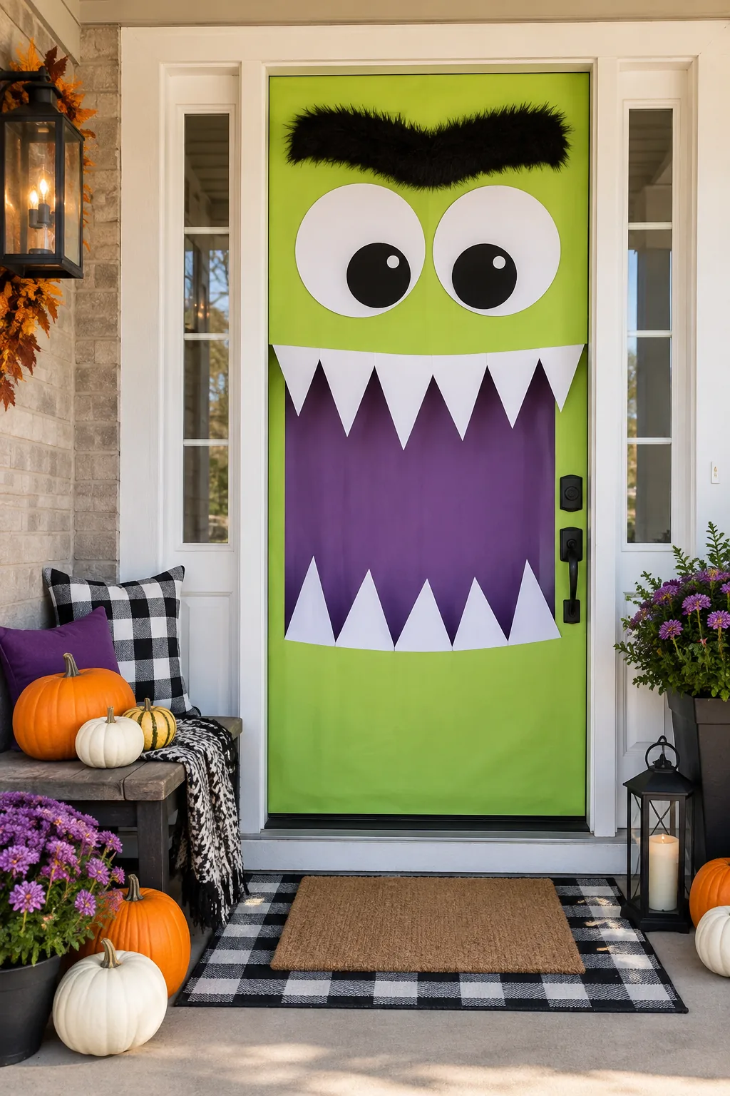 Front door decorated with giant paper eyeballs and teeth to look like a monster face
