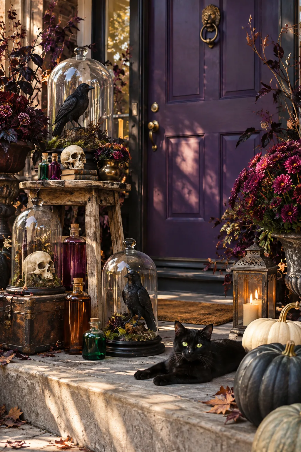 Small wooden stool next to a door holding glass cloches, skulls, and potion bottles