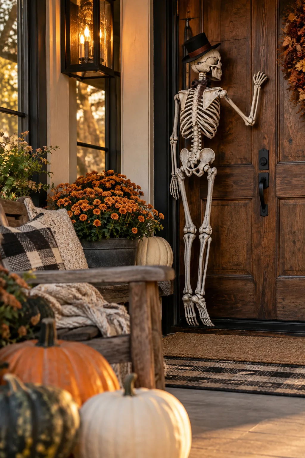 Lifesize plastic skeleton hanging on a front door wearing a top hat