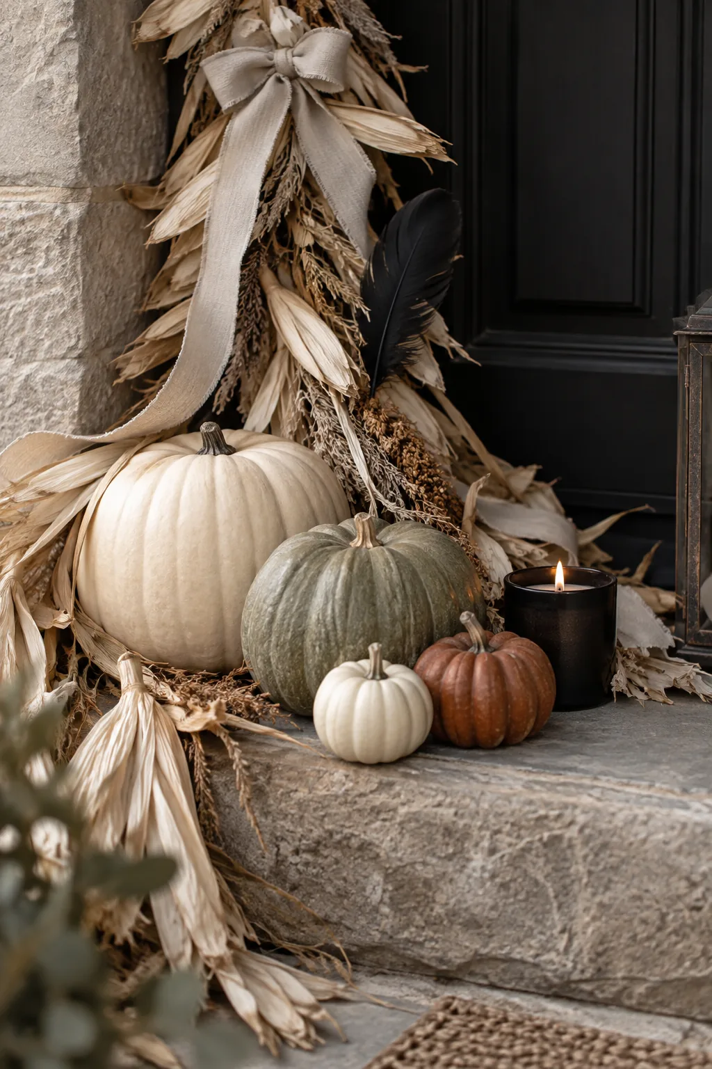 Front door framed with a corn husk garland, gourds, and small rubber mice on the steps