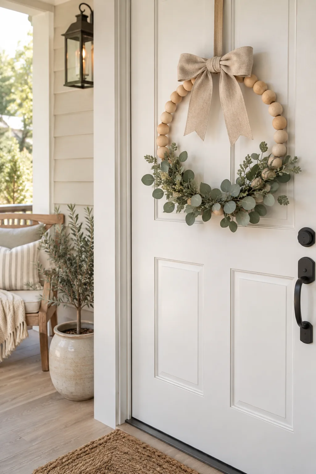 A wooden bead wreath with faux eucalyptus and a linen bow hanging on a front door.