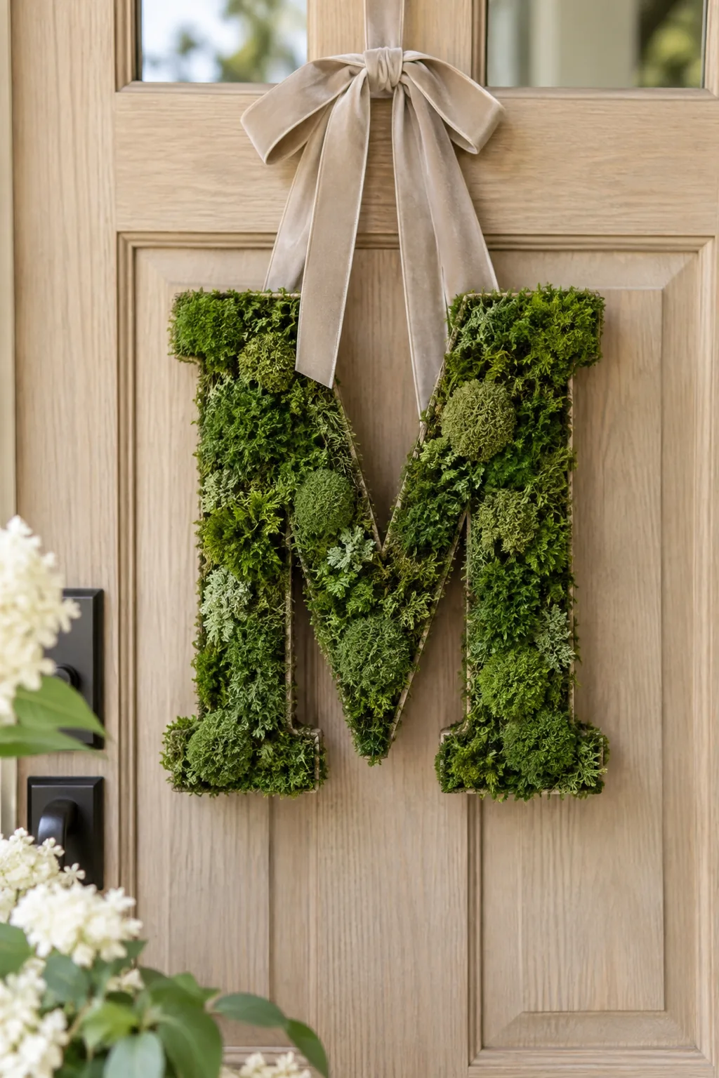 A large letter filled with green moss hanging from a velvet ribbon.