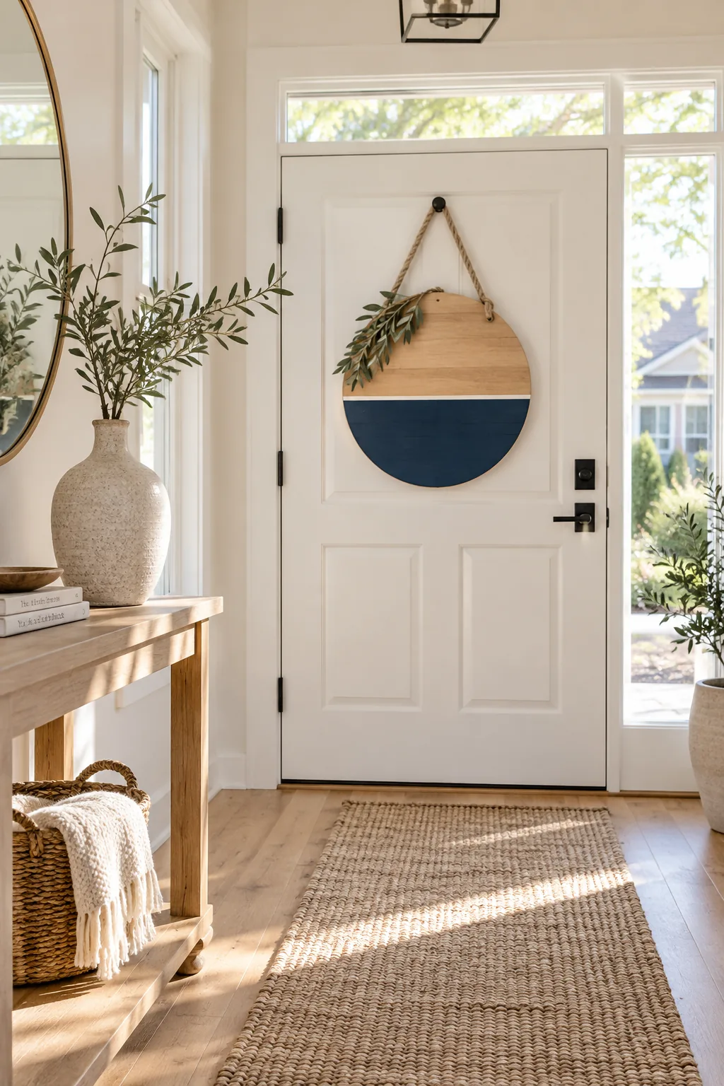 A round wooden sign painted half navy blue and half natural wood with a welcome decal.