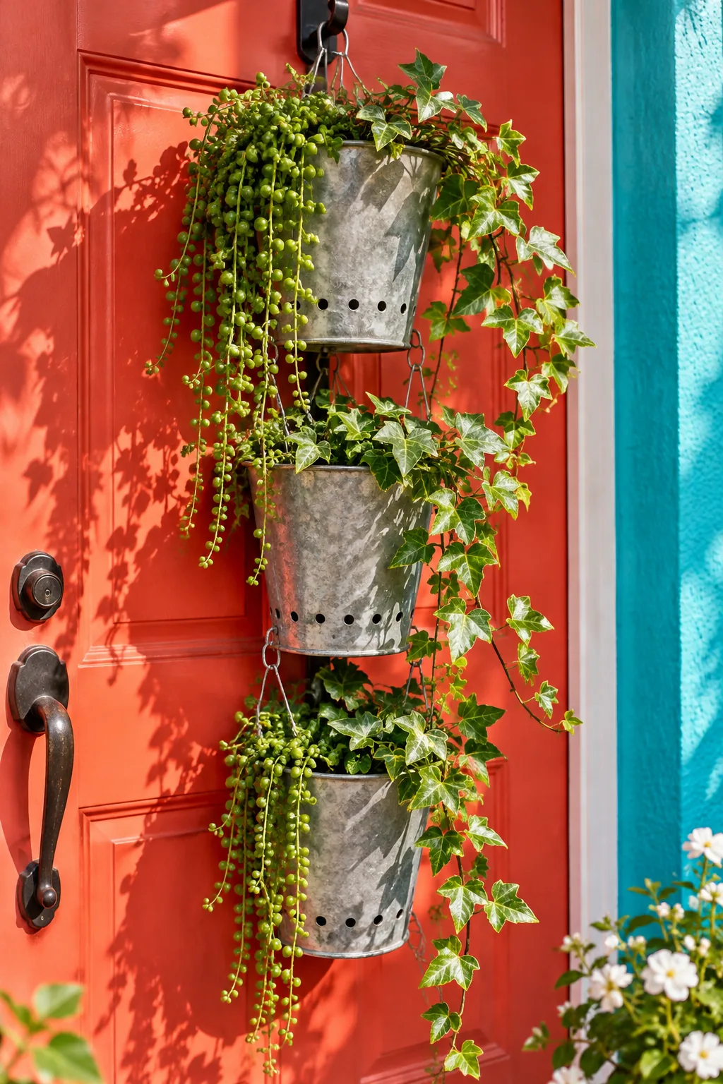 Three small galvanized buckets wired vertically and filled with trailing plants.