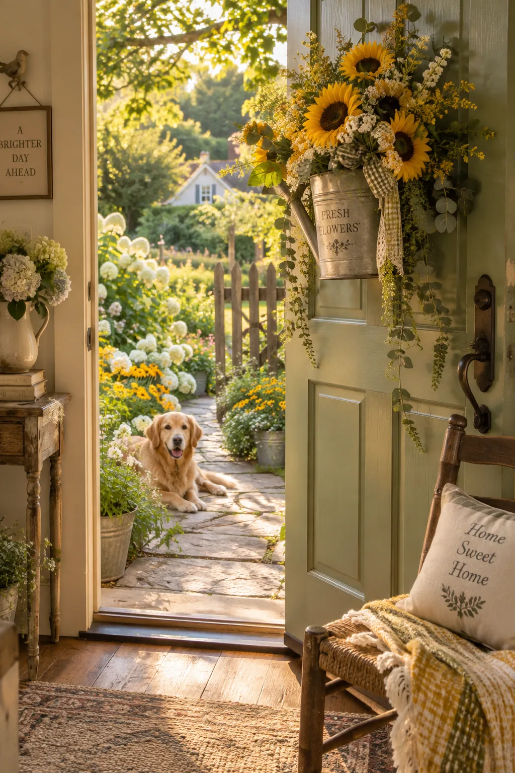 A flattened vintage watering can filled with faux sunflowers hanging on a door.