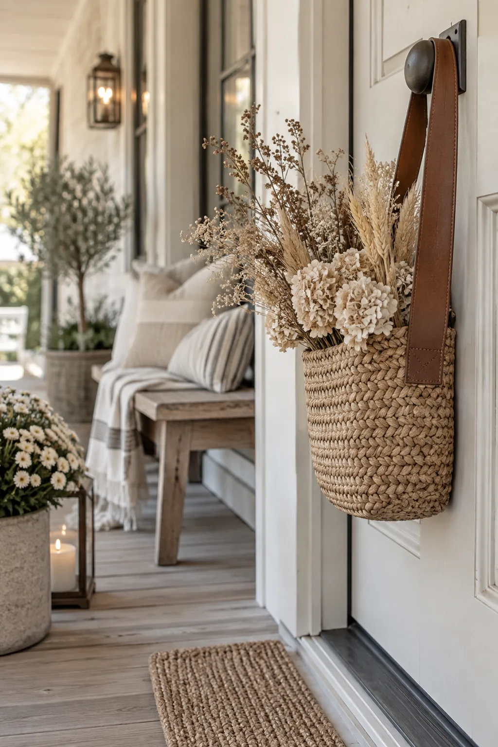 A flat-backed woven basket filled with seasonal stems hanging by a leather strap.