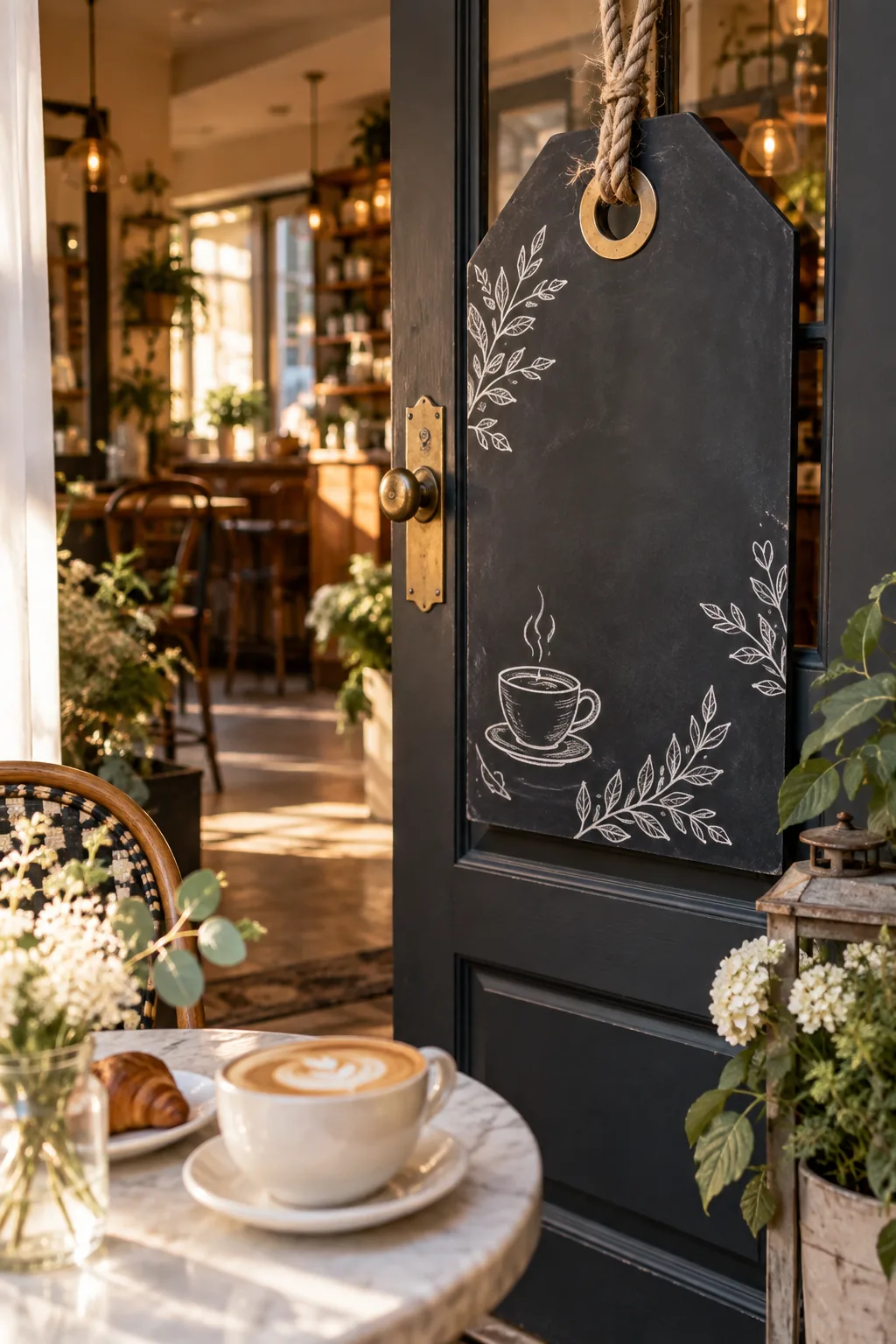 A large plywood tag painted with chalkboard paint hanging from a chunky rope.