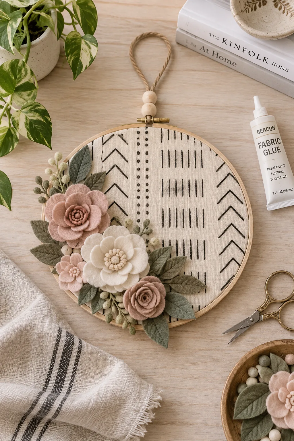 An embroidery hoop stretched with patterned mudcloth and decorated with felt flowers.
