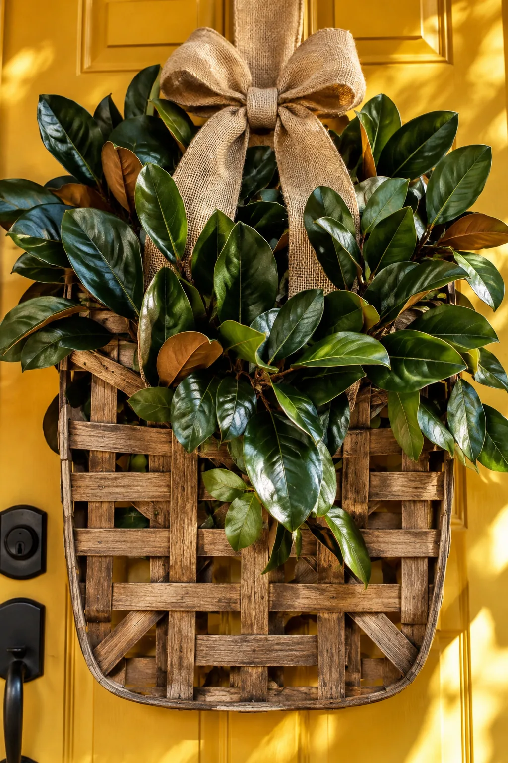 A square tobacco basket filled with faux magnolia leaves and a burlap ribbon.