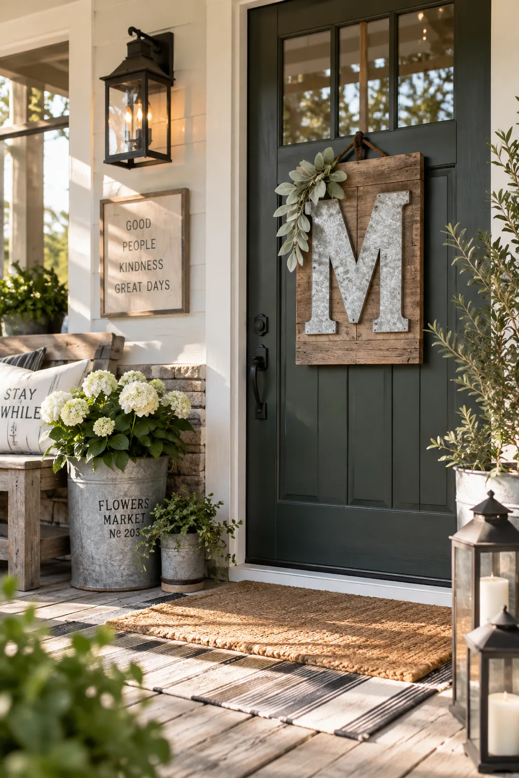 A galvanized metal letter mounted on a reclaimed wood plaque with lamb's ear accents.