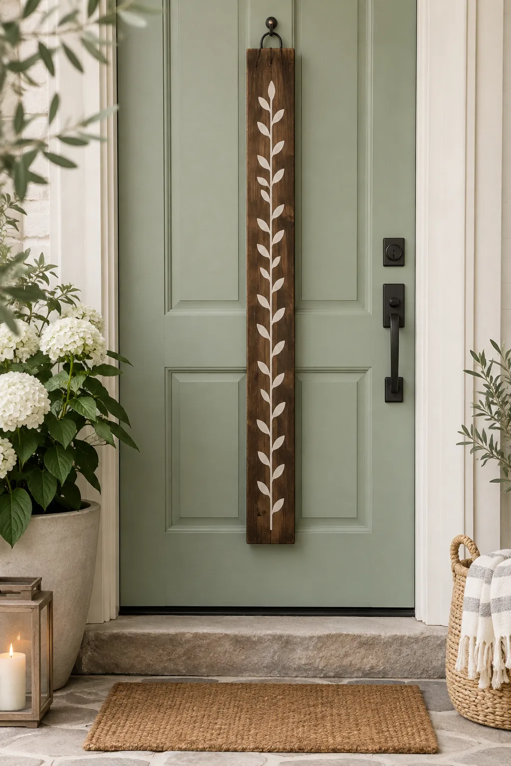 A tall, slender walnut-stained wood plank with a white stenciled greeting.
