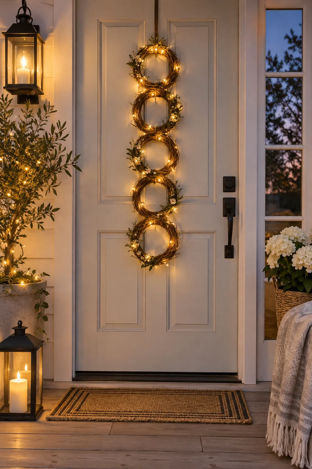 Five small grapevine wreaths wired together vertically and wrapped in fairy lights.
