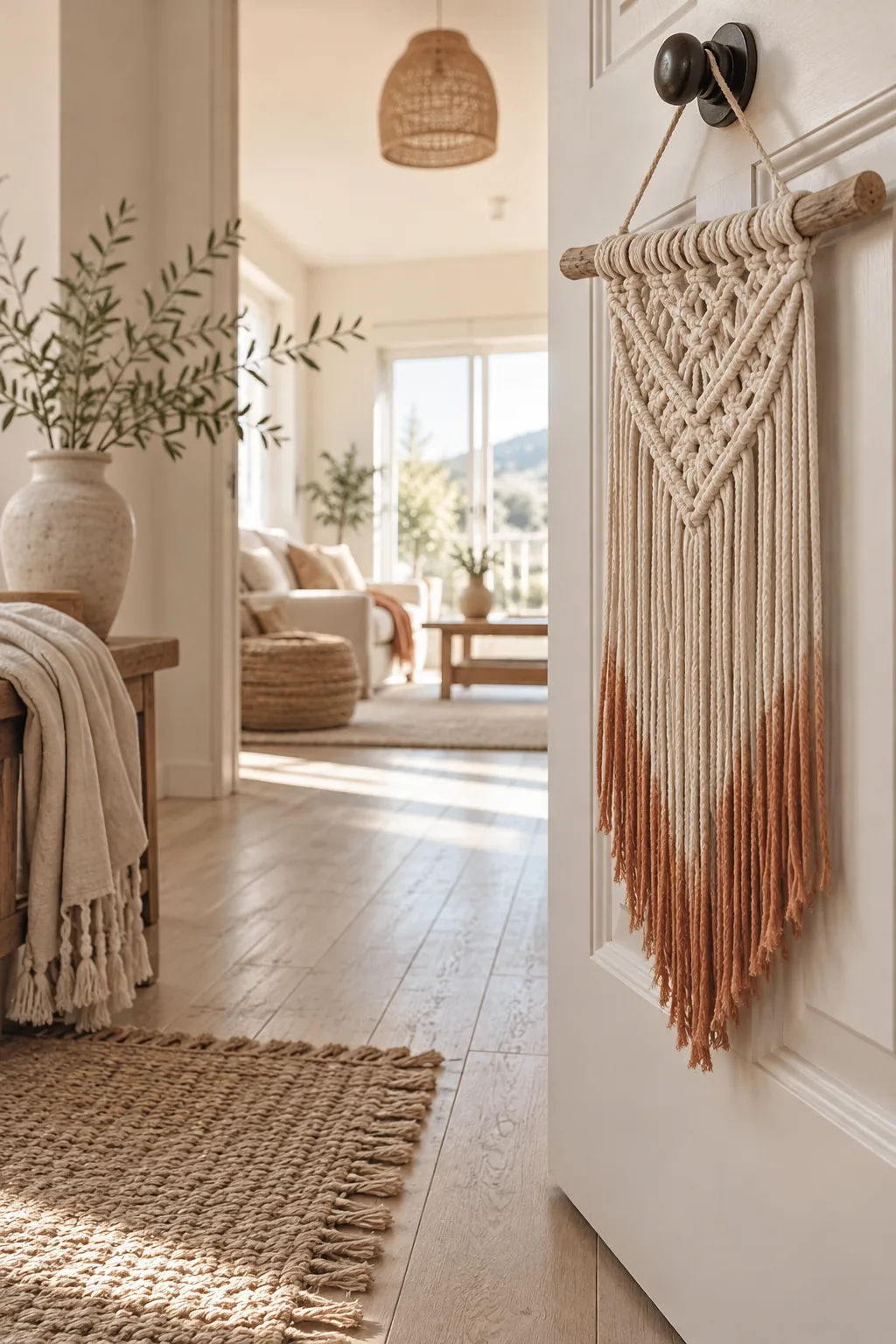 A dip-dyed macrame wall hanging suspended from a piece of driftwood.