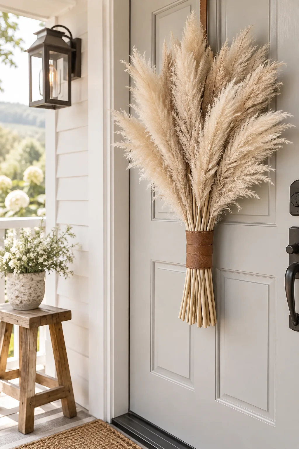 A bundle of fluffy pampas grass tied with a strip of raw leather.