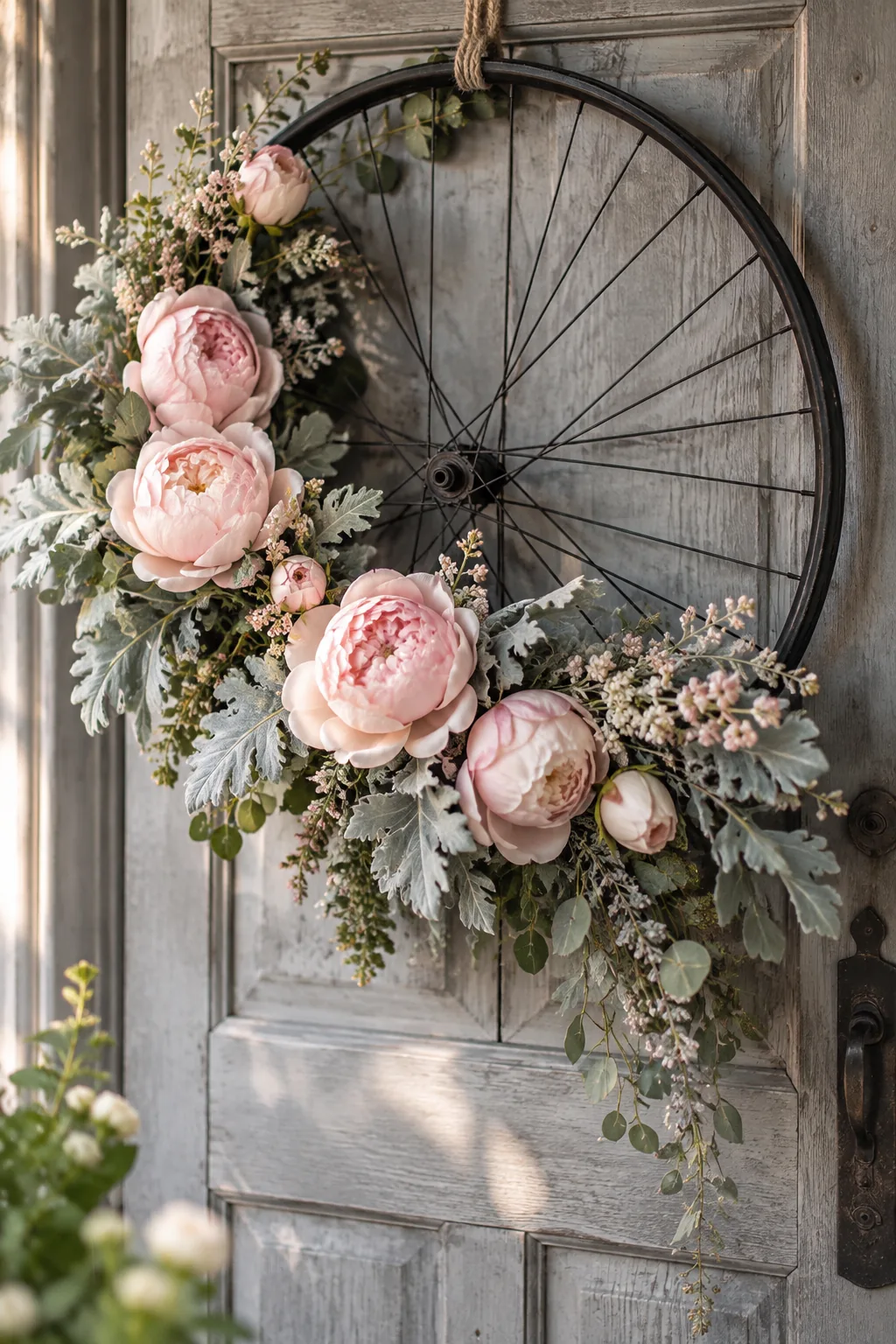 A matte black bicycle wheel decorated with a swag of faux peonies.
