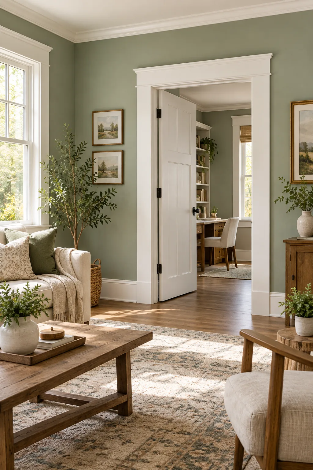 Crisp white craftsman door trim against a sage green living room wall.
