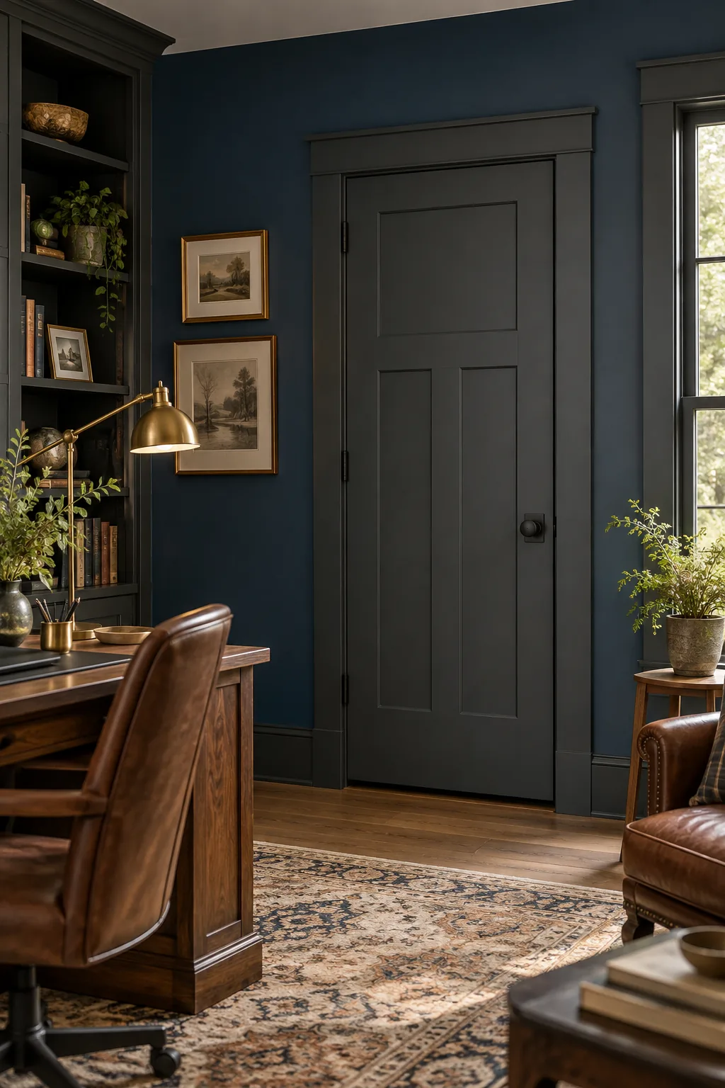 Deep charcoal painted door trim against a dark navy blue wall in a study.