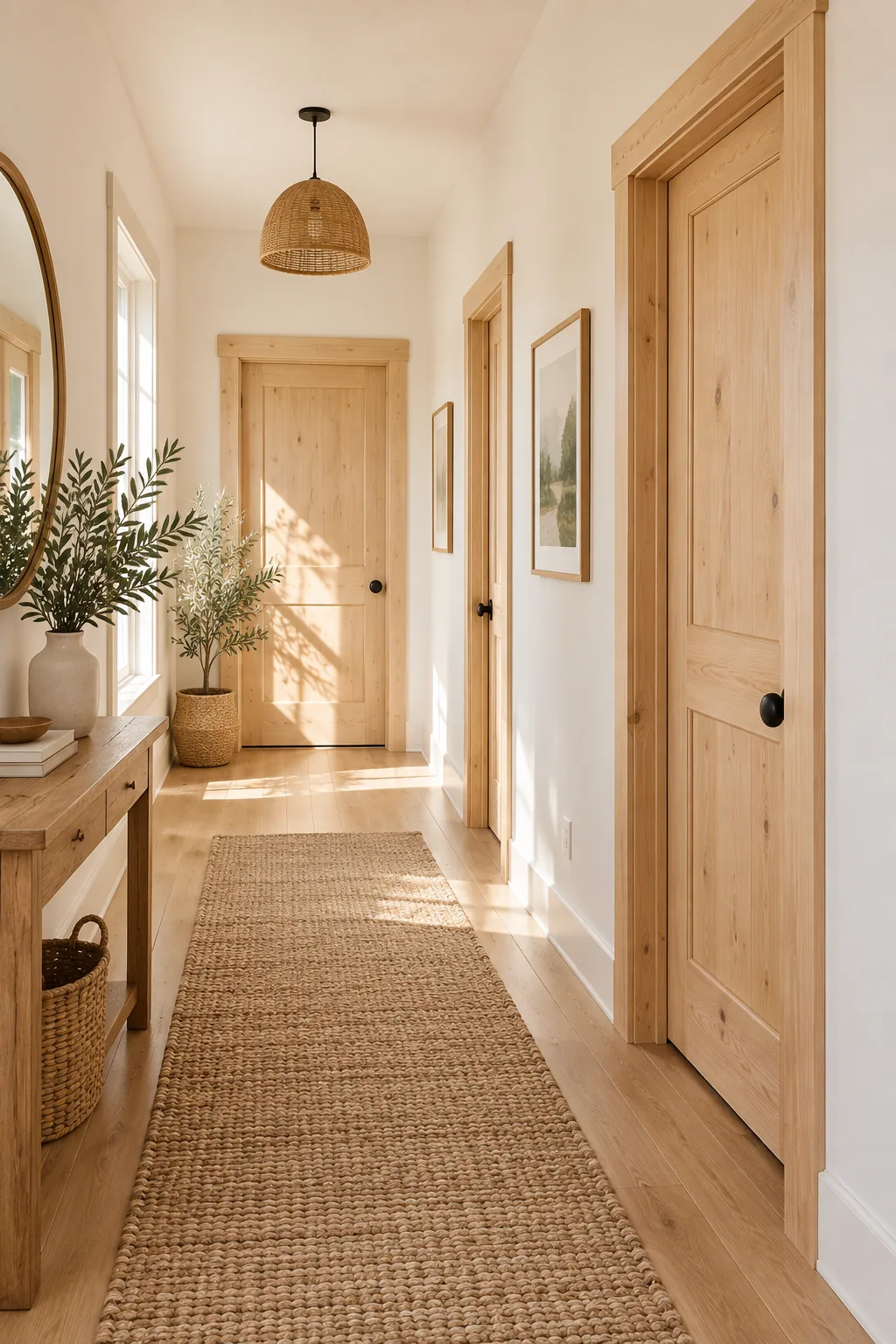 Clear sealed pine wood door trim against a warm creamy white wall.