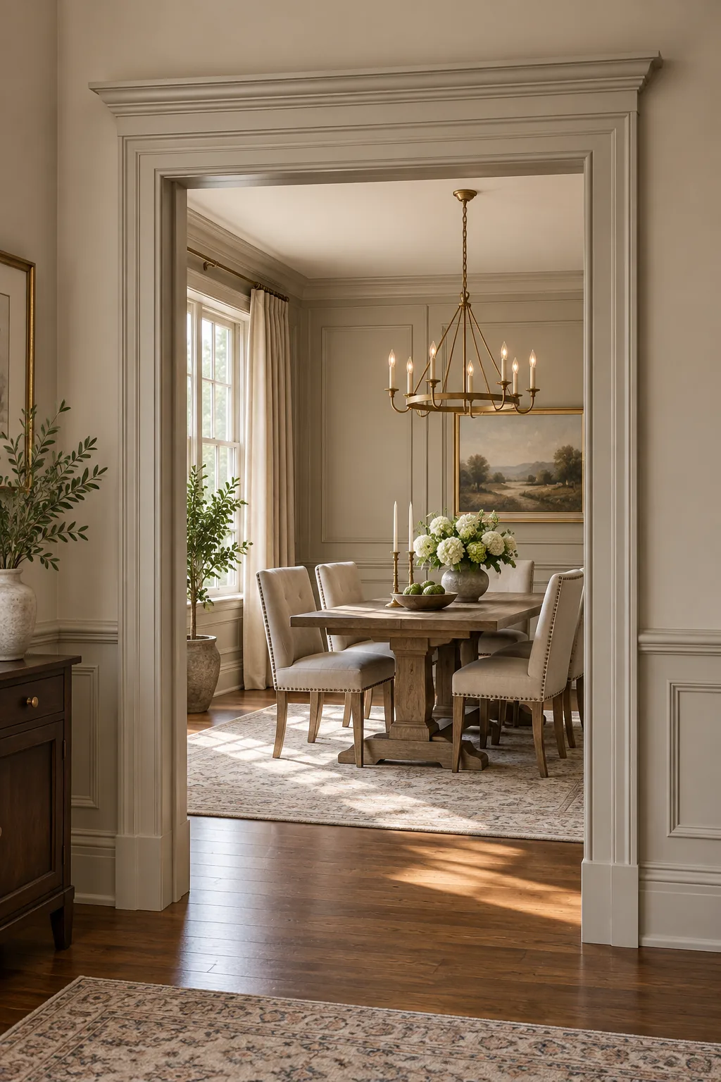 Elaborate layered greige door trim with a crown header against matching walls.