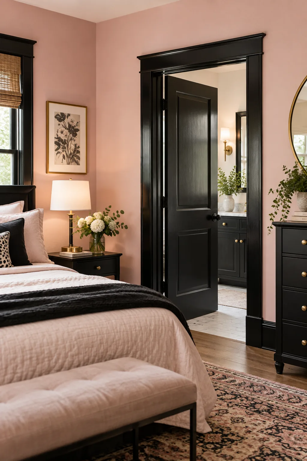 High-gloss black door trim against a soft blush pink bedroom wall.