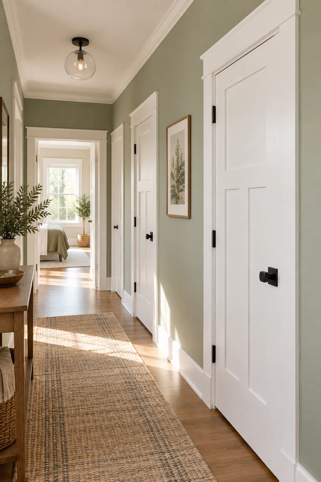 A bright hallway featuring multiple finished white craftsman-style doors against sage green walls.