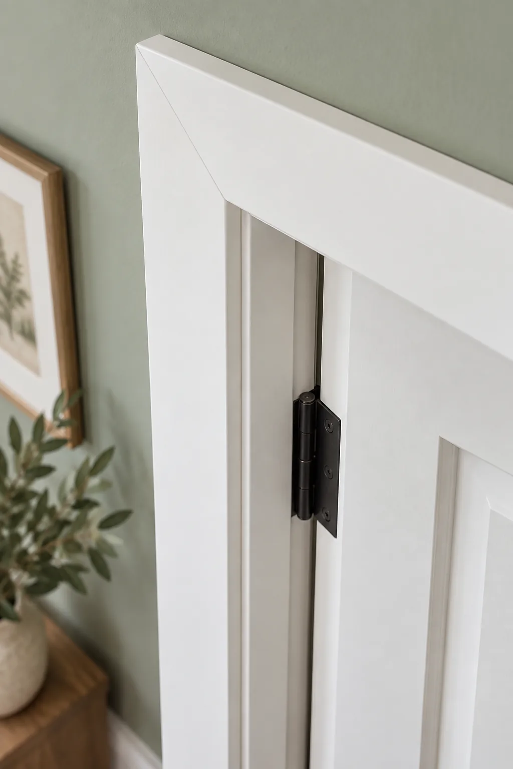 Close-up of a white door jamb and matte black hinge showing a precise 3/16-inch step-back margin.