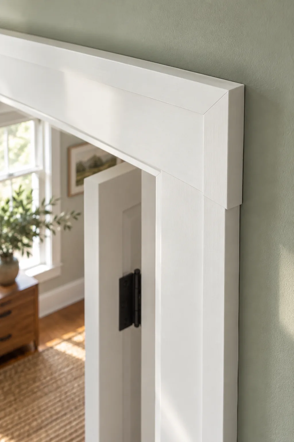 Detailed view of a flawless, seamless top corner joint on white craftsman door trim.
