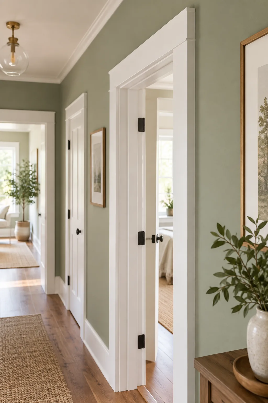 Smooth, flat vertical white door casing installed next to a brass light switch on a sage green wall.