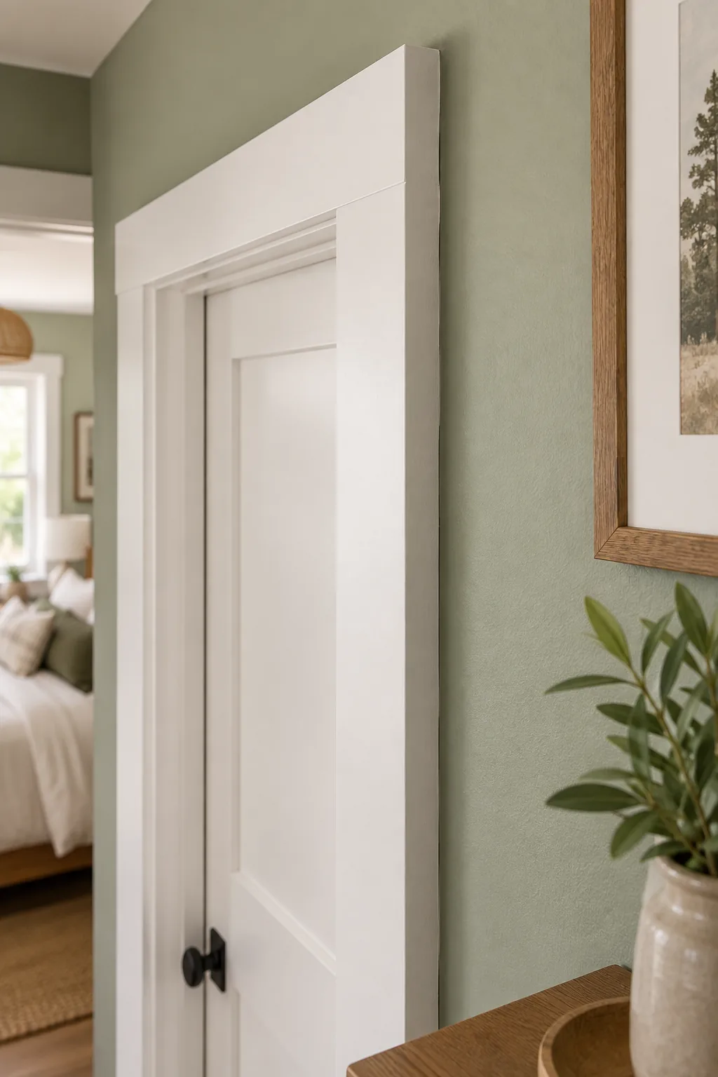 Angled view of thick white door casing sitting flush against sage green drywall.