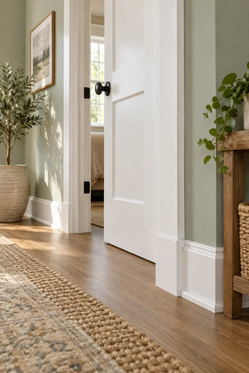 Lower section of white door trim meeting a baseboard, featuring a completely smooth surface with no visible nail holes.