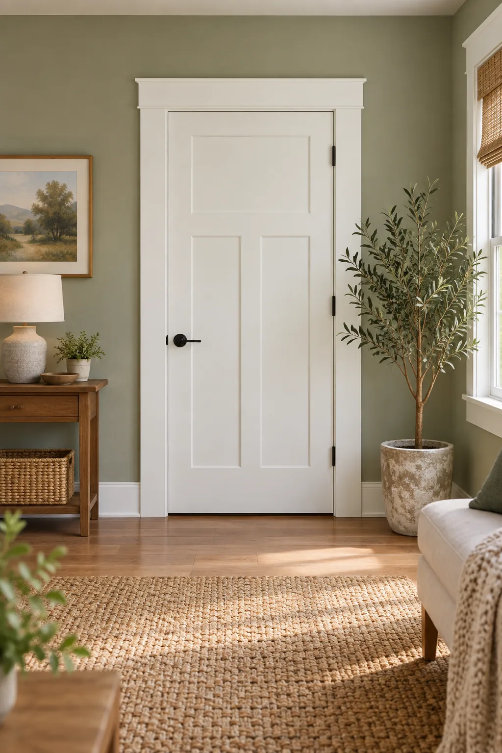 A complete, beautifully finished white door frame in a styled room with sage green walls, a woven rug, and an olive tree.