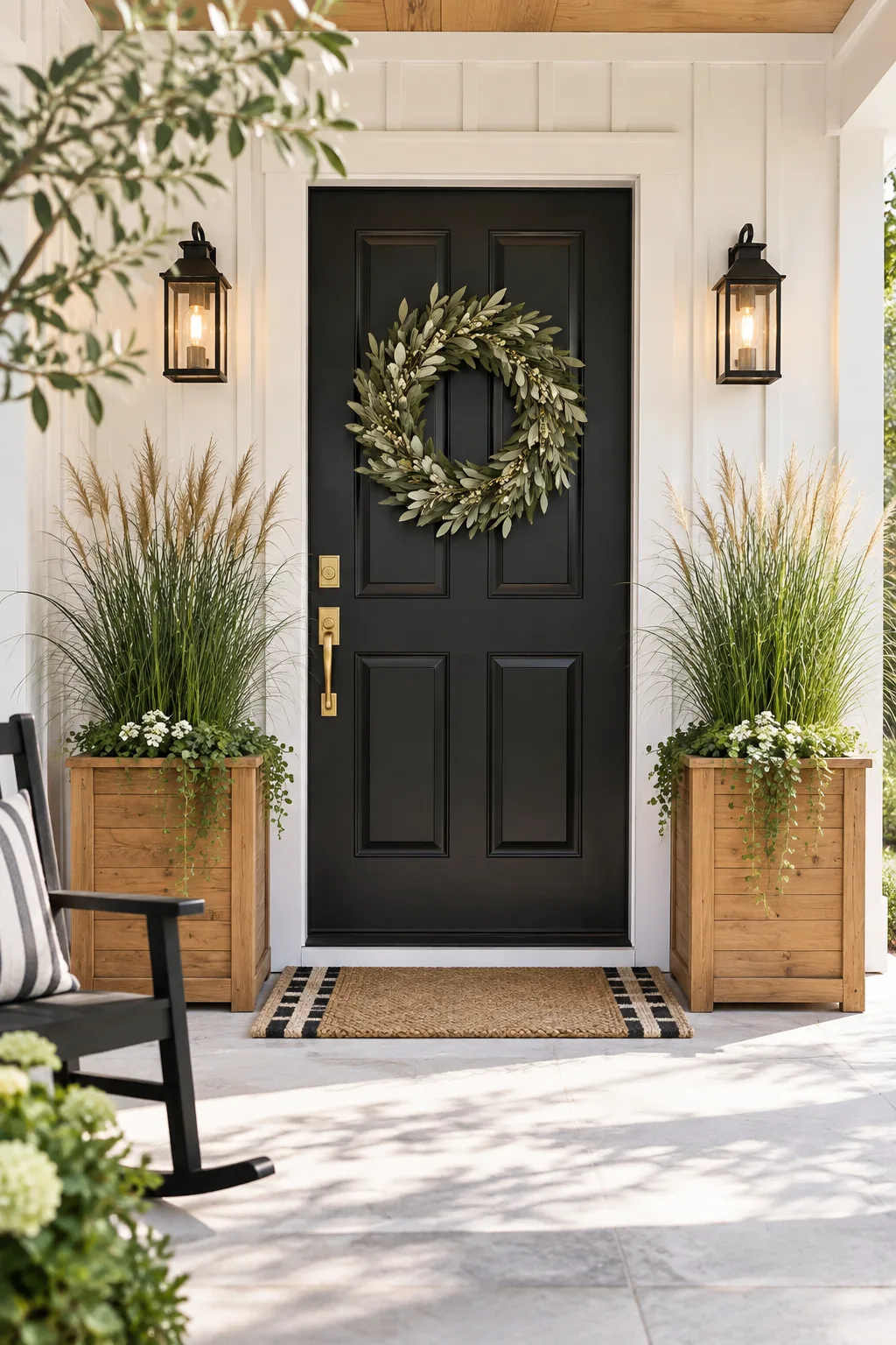 Matte black front door styled with cedar planters and an olive branch wreath on a modern farmhouse porch.