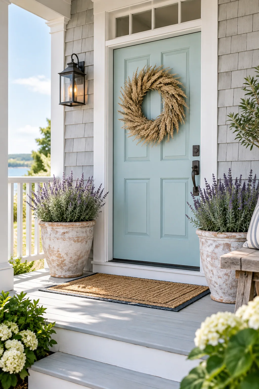 Pale aqua blue front door styled with whitewashed terracotta pots and a dried grass wreath on a coastal porch.