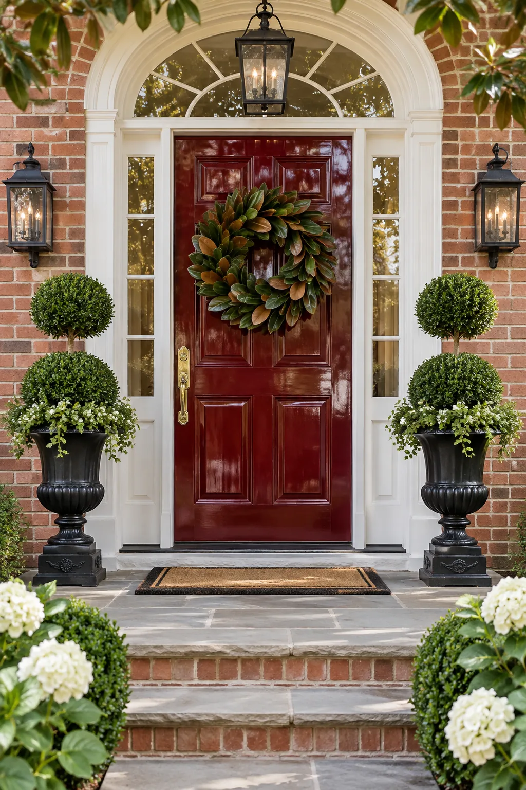 High-gloss oxblood red front door styled with black cast iron urns and a magnolia wreath on a brick house.
