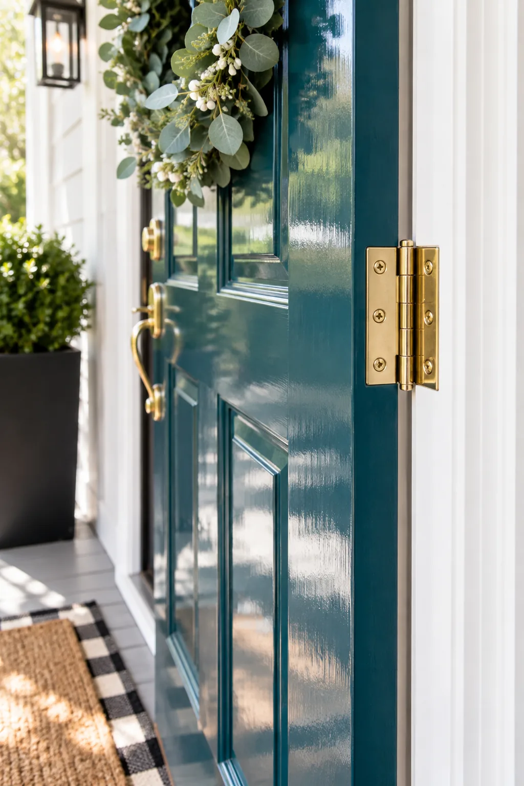 Deep teal front door edge showing a polished brass butt hinge attached to a white door frame.