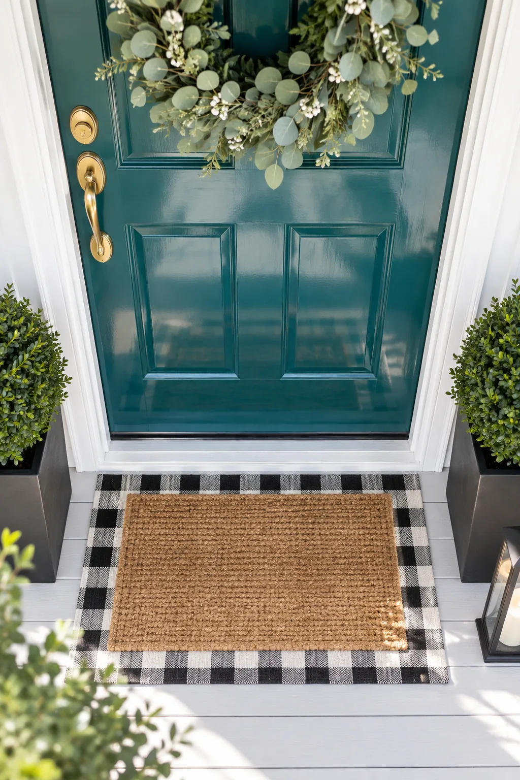Lower section of a glossy teal six-panel door reflecting bright daylight without any visible brushstrokes.