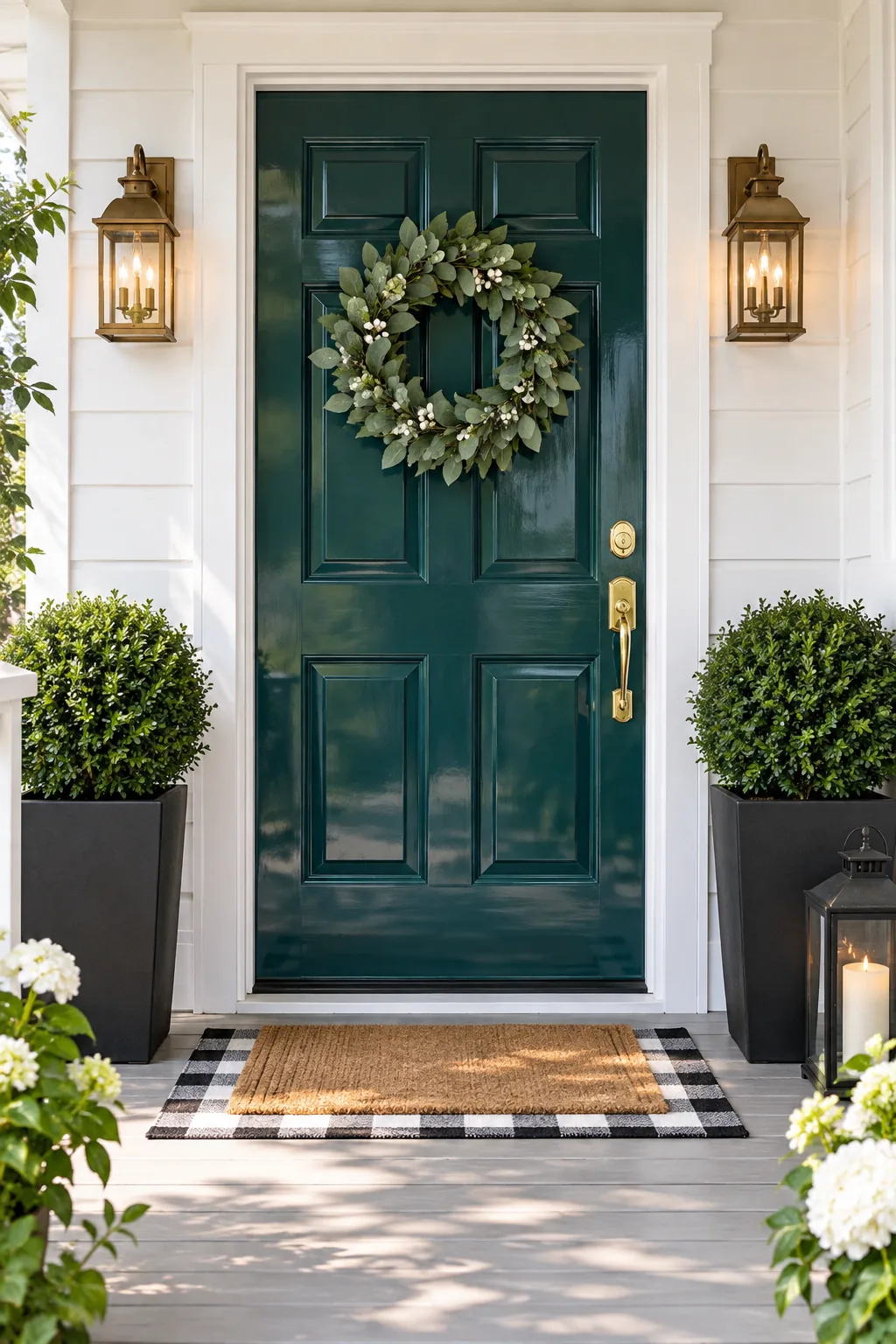 Middle section of a painted front door showing the crisp intersection of vertical stiles and recessed panels.
