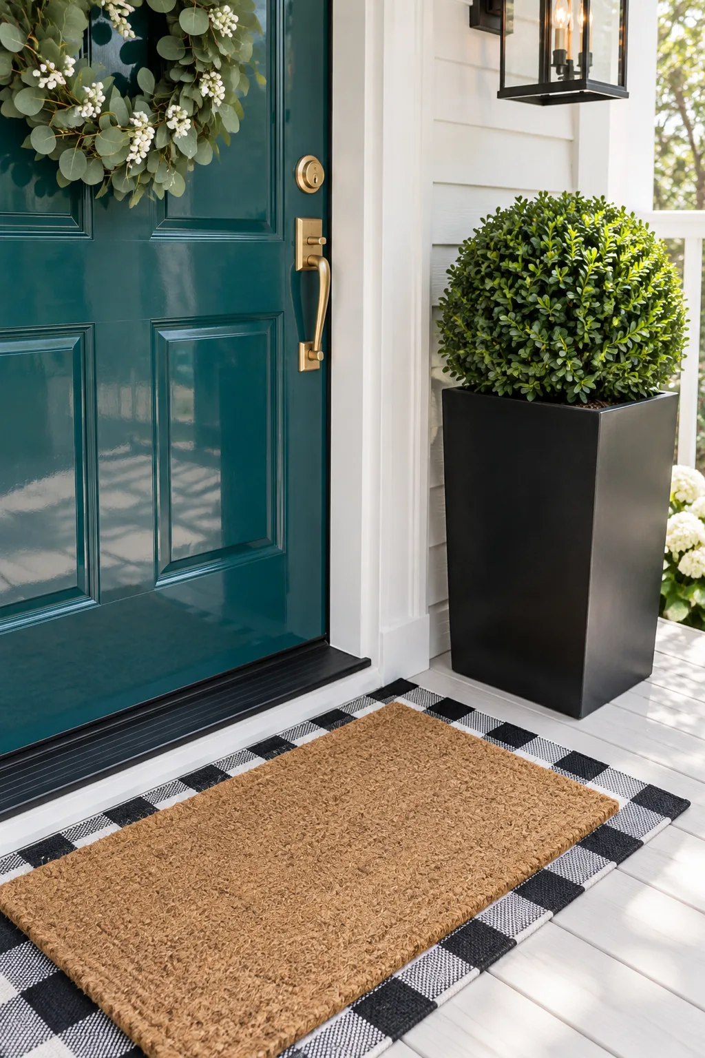 Coir doormat centered over a black and white buffalo check outdoor rug at the base of a teal door.