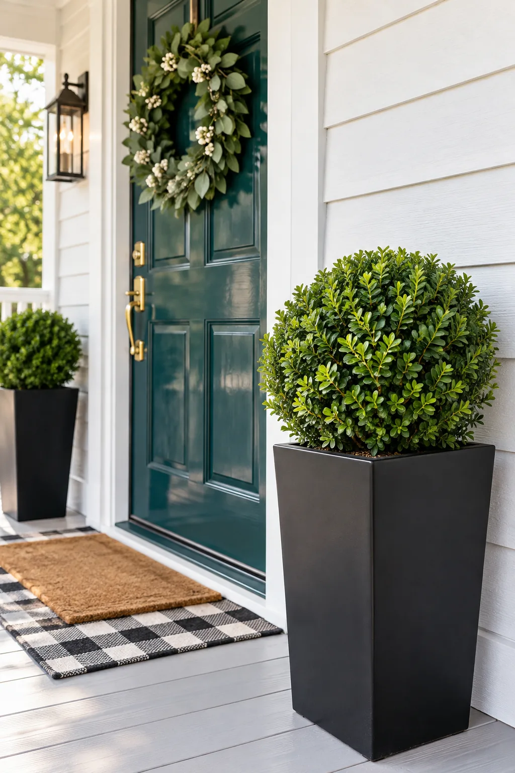 Tall black square planter containing a spherical green boxwood shrub positioned next to white porch siding.