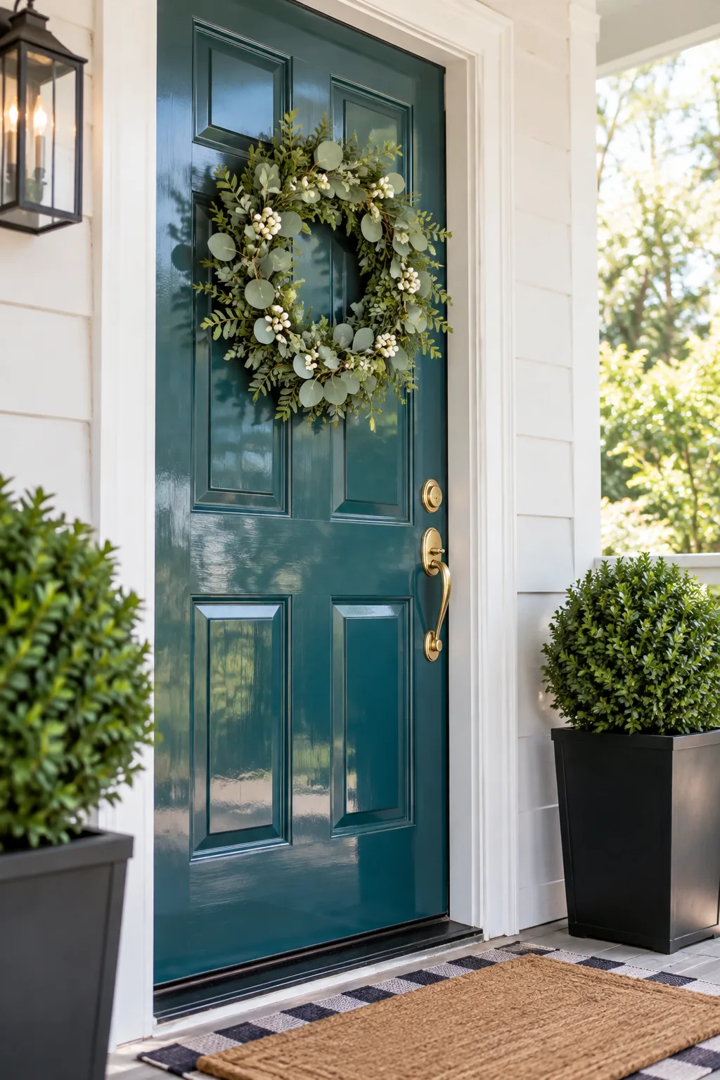 Lush eucalyptus wreath with small white berries hanging flat against a glossy teal door with no visible hook.