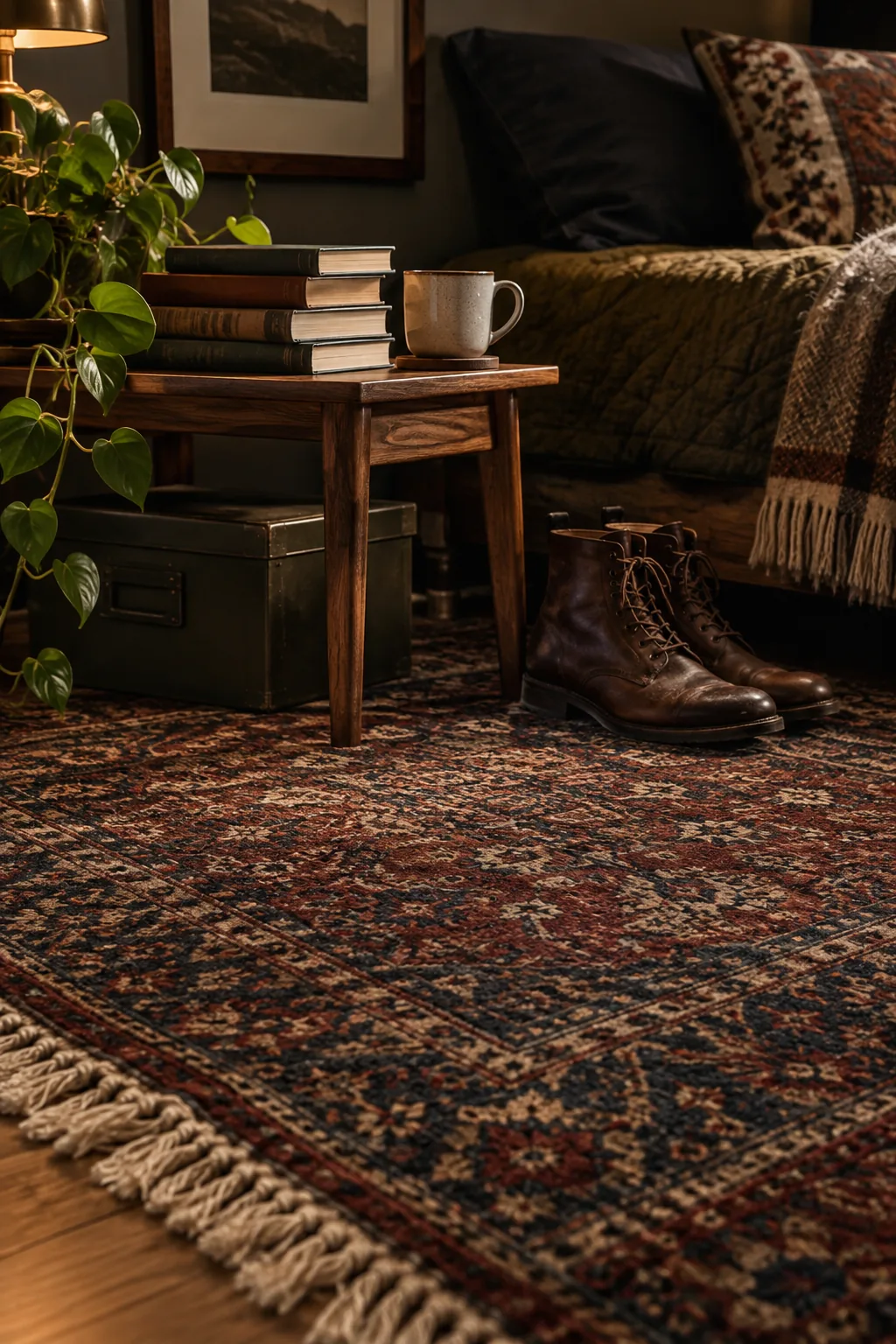 A dark distressed vintage rug placed under a dorm room bed and desk