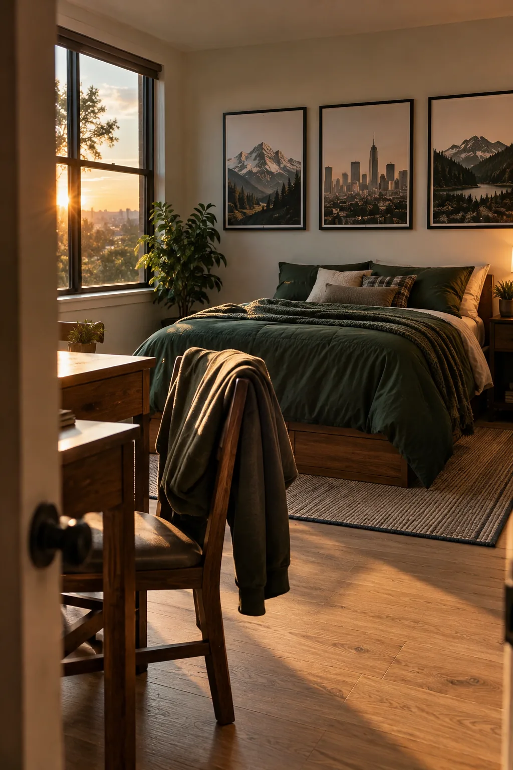 A gallery wall in a guy's dorm room featuring sports and music posters in clean black frames