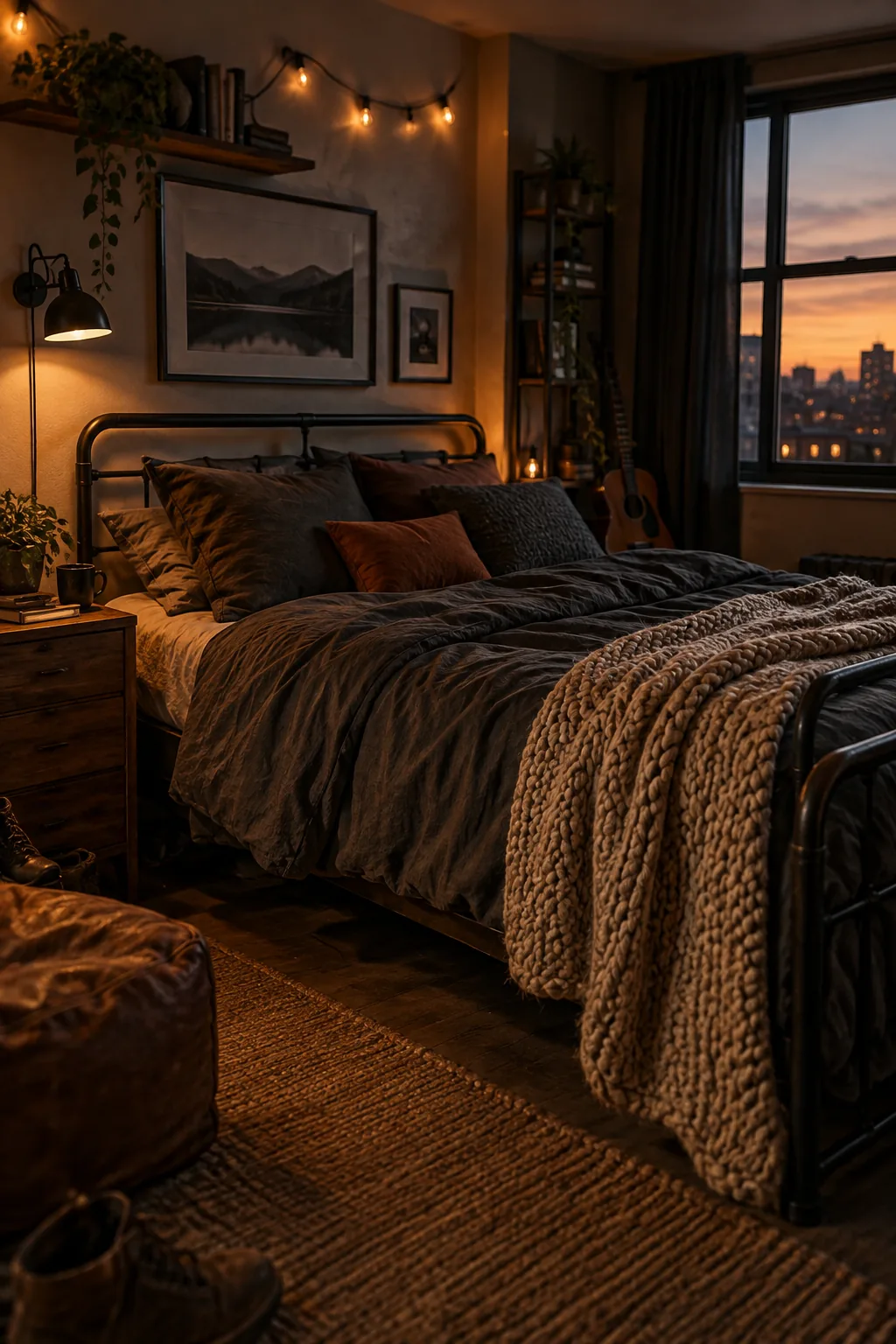 A dorm bed made with charcoal gray sheets and a chunky knit throw blanket