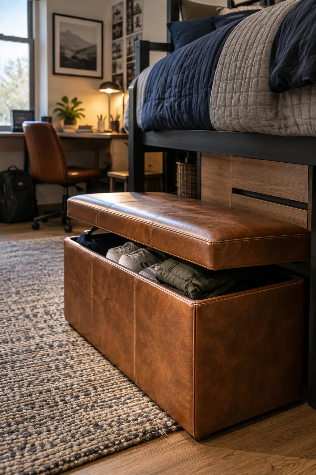 A faux leather storage ottoman sitting next to a lofted dorm bed