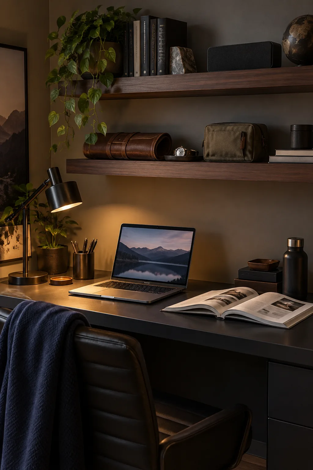 Damage-free floating shelves mounted above a dorm desk holding books and a small speaker