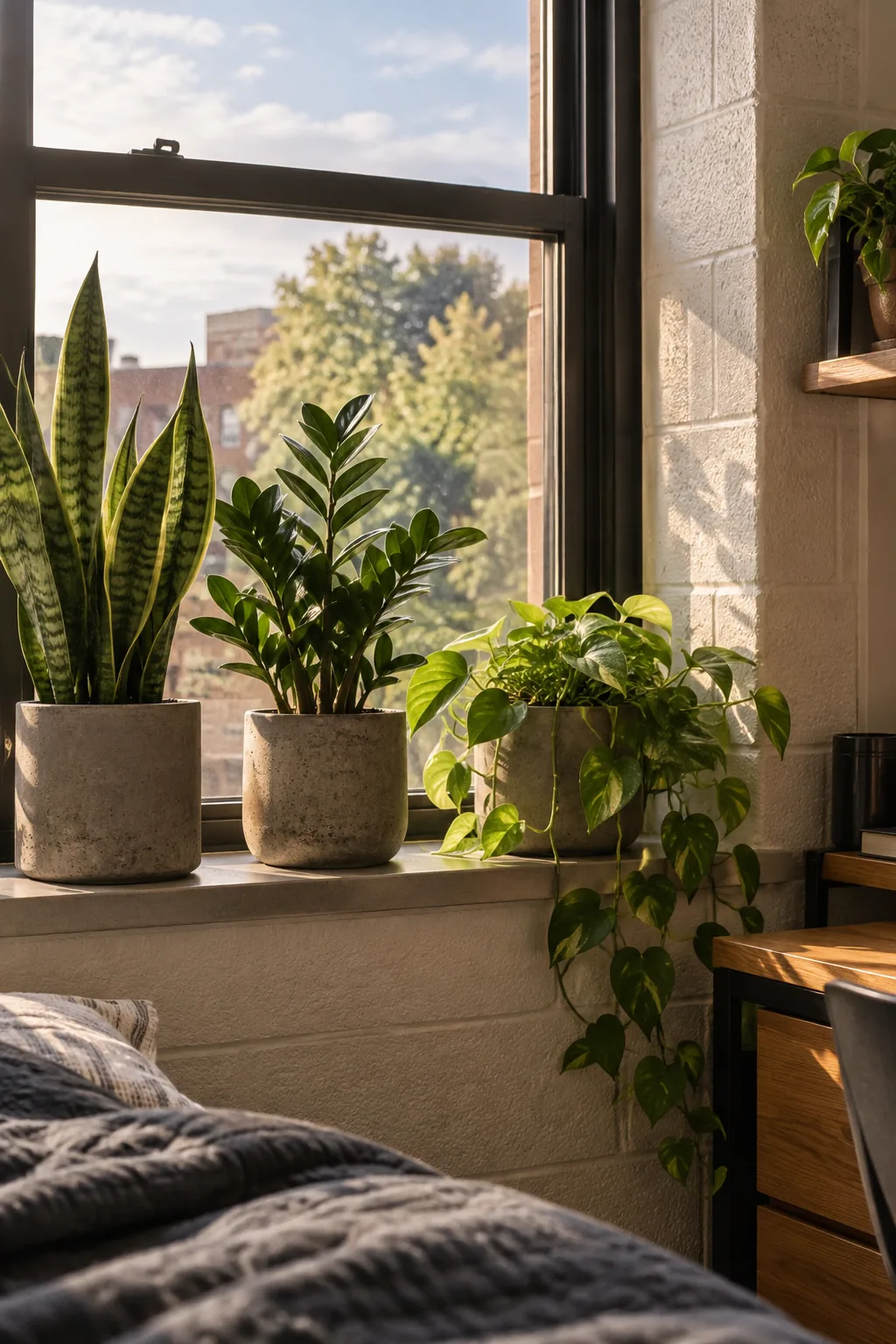 A concrete pot holding a snake plant sitting on a dorm room windowsill