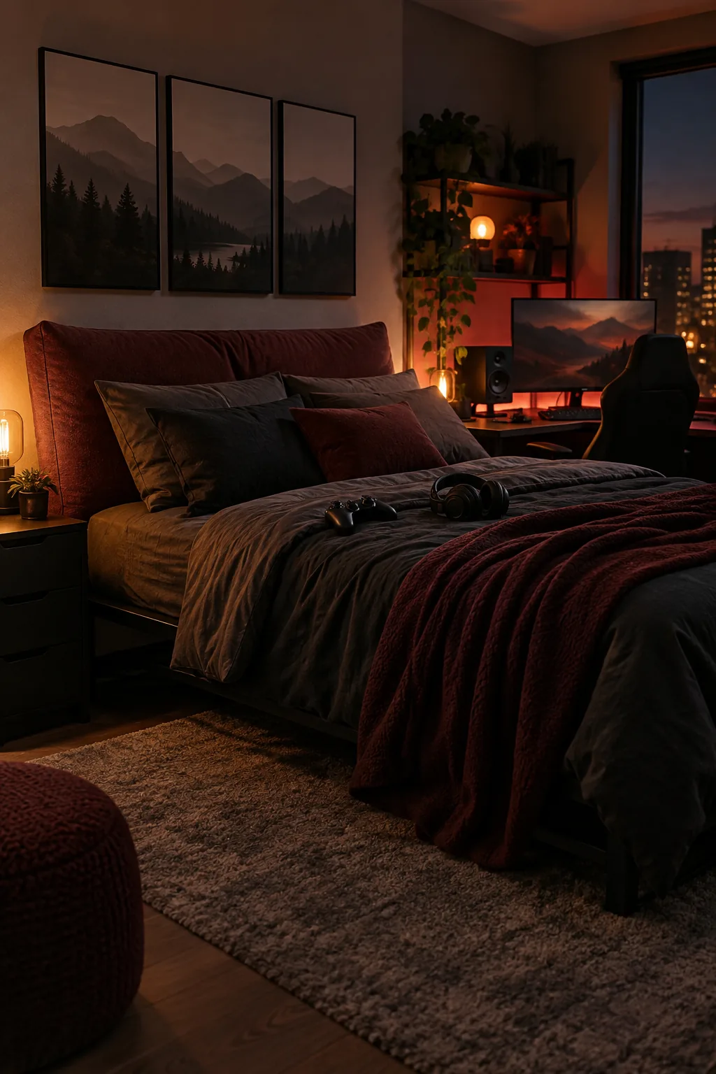 A large upholstered wedge pillow acting as a headboard on a twin dorm bed